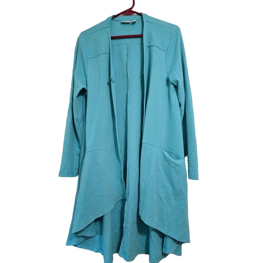 LOGO Lori Goldstein Medium Womens Thermal Lagenlook Cardigan Teal Longline Top